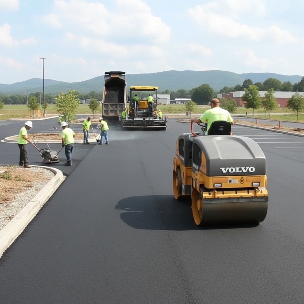 Asphalt paving crew in New Orleans using roller and paving machine to install smooth, durable parking lot surface