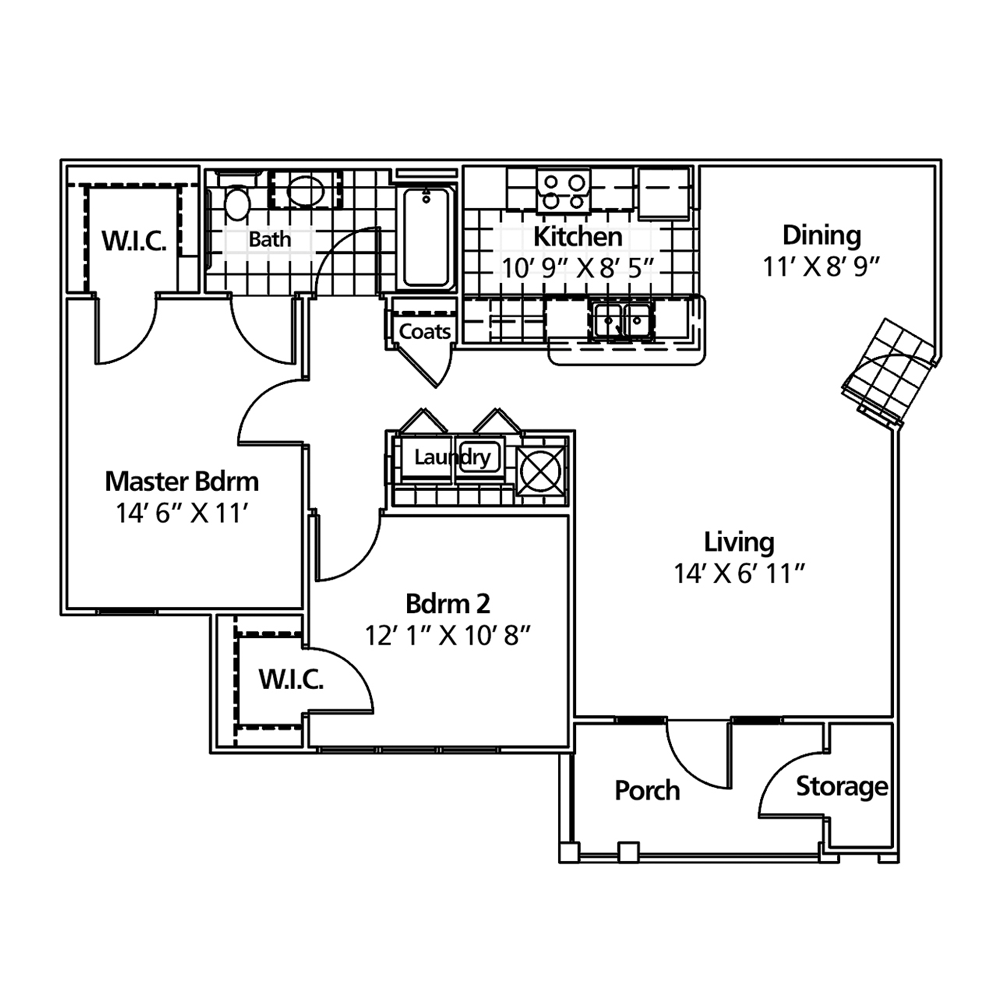 Floor plan of a two-bedroom apartment with a kitchen, living and dining area, and a porch.