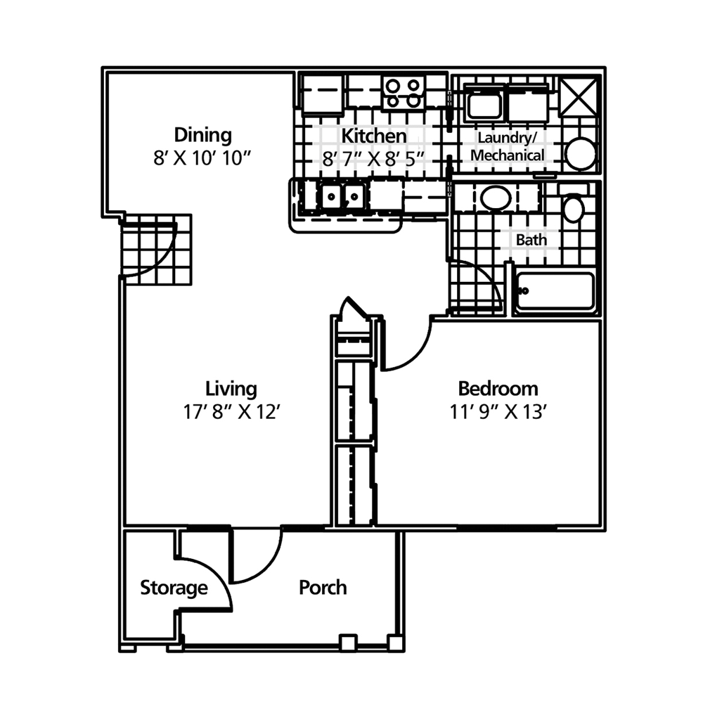 Floor plan of a one-bedroom apartment with living room, kitchen, dining area, and porch.