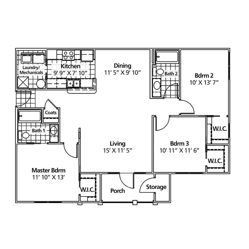 Floor plan of a three-bedroom apartment, showing the layout of rooms, including kitchen, dining, living room, and bathrooms.