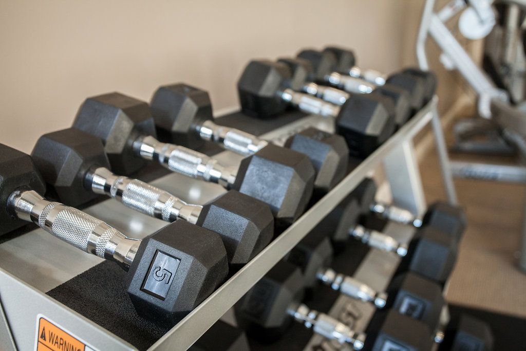 Weights on a rack in a gym, black hexagonal dumbbells with silver handles.