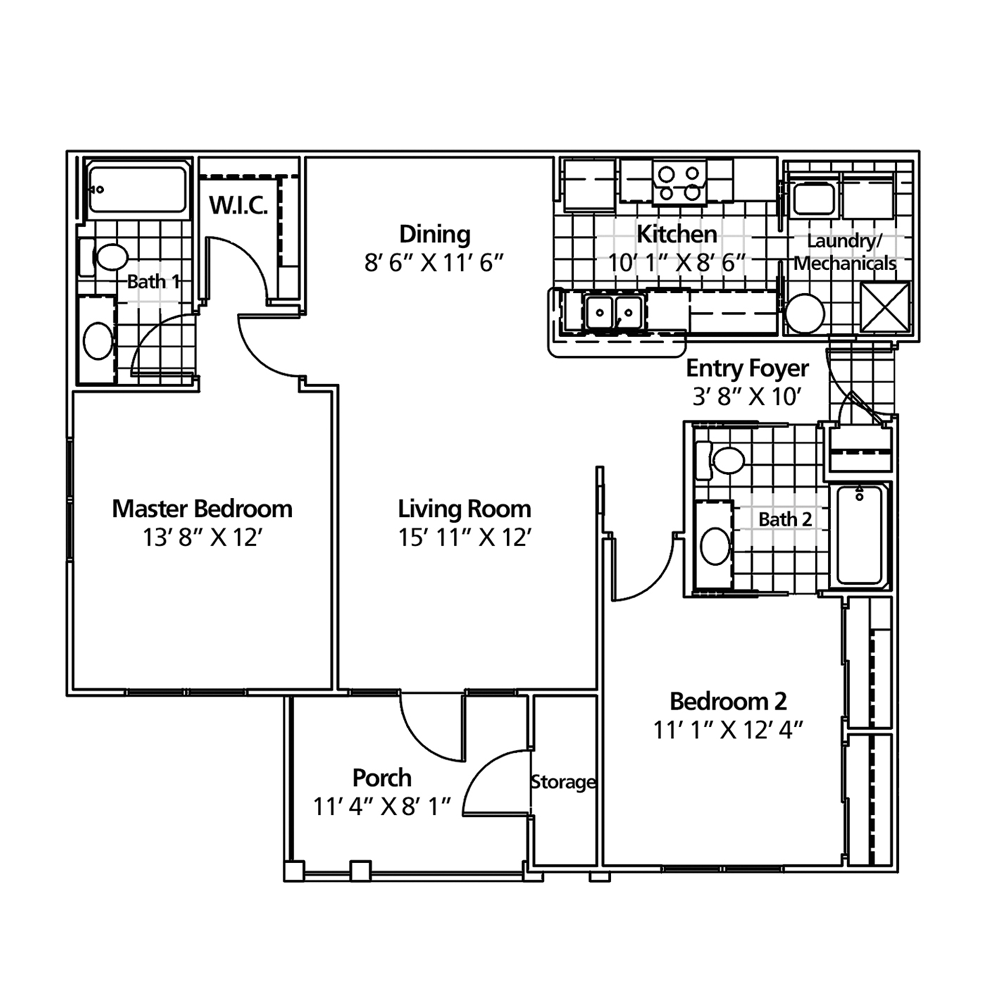 Floor plan of a two-bedroom apartment, with dimensions for each room.