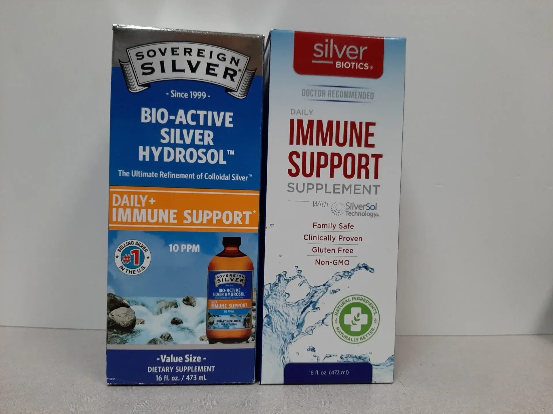 Two boxes of Sovereign Silver immune support supplement sitting side-by-side on a white surface.