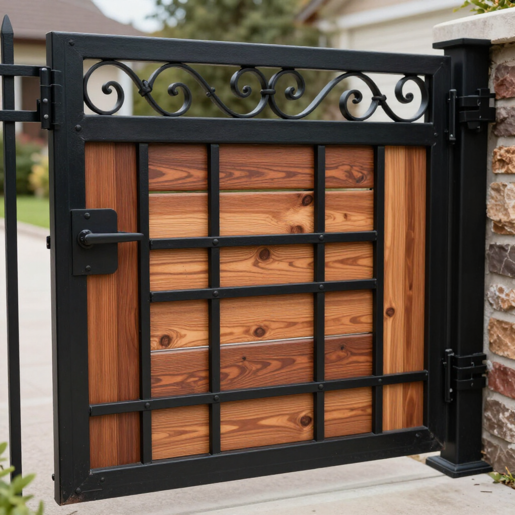 Black metal-and-wood gate with decorative scrollwork and a latch, set in a stone wall outdoors