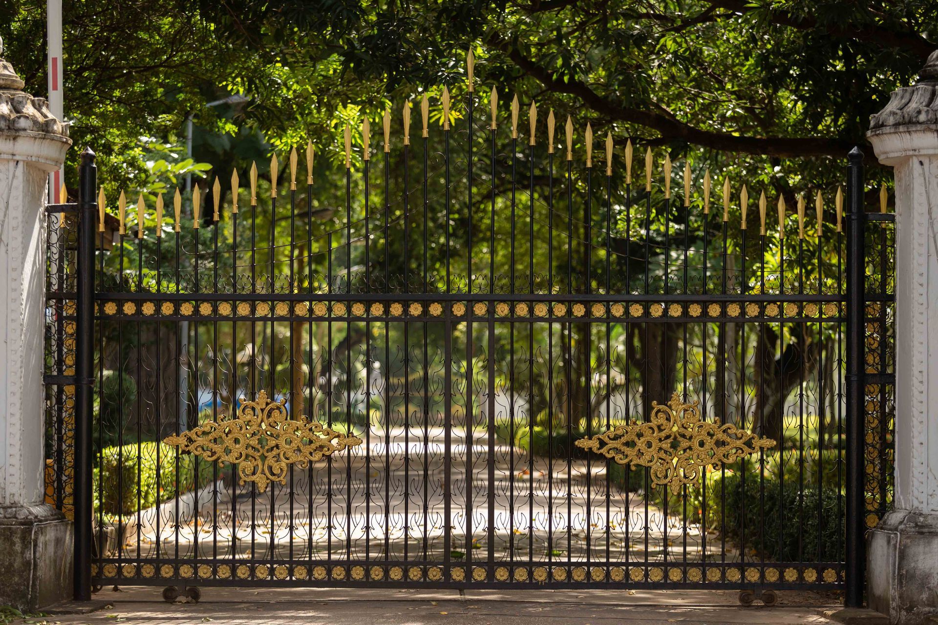 Black wrought-iron gate with gold accents at a tree-lined garden entrance Black wrought-iron gate with gold accents at a tree-lined garden entrance