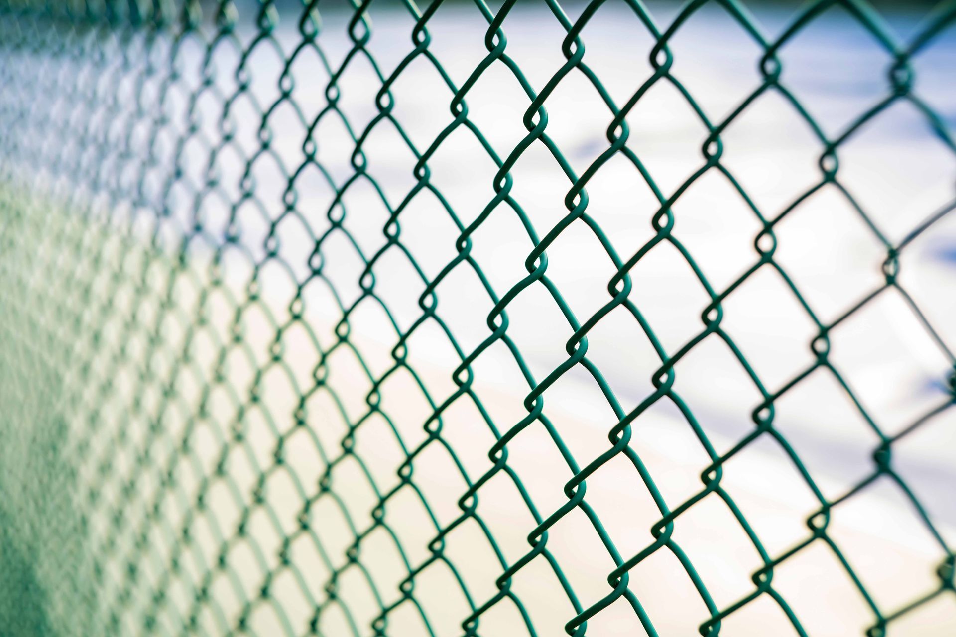 Green chain-link fence in focus with a blurred background and sky behind it Green chain-link fence in focus with a blurred background and sky behind it