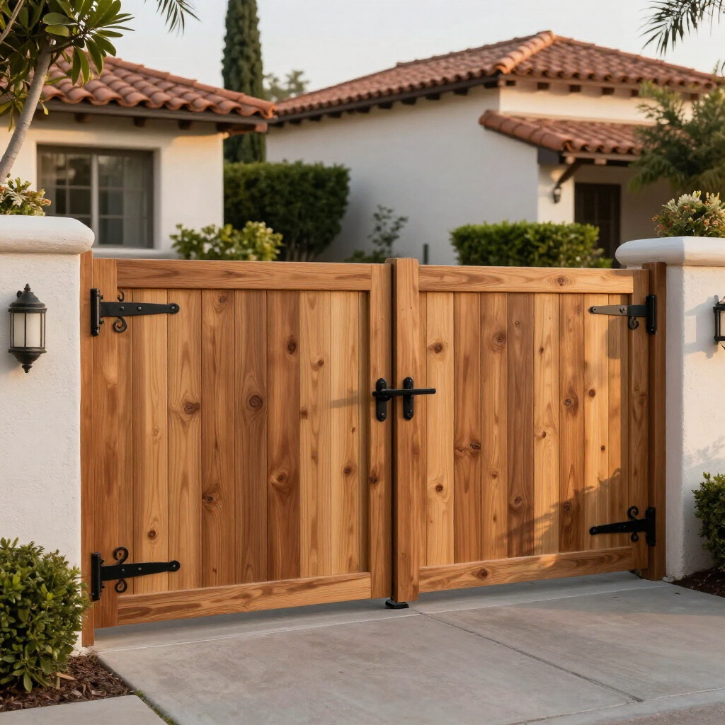 Wooden double driveway gate with black hardware in front of a stucco house and tiled roof