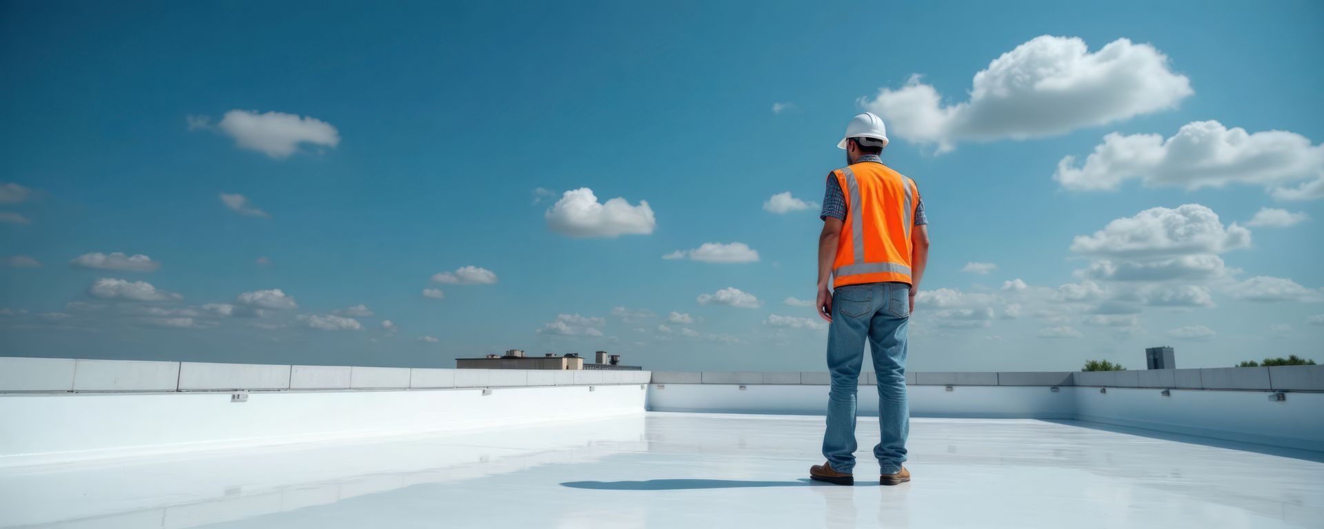 Worker in safety gear standing on a large flat rooftop under a blue sky with clouds.
