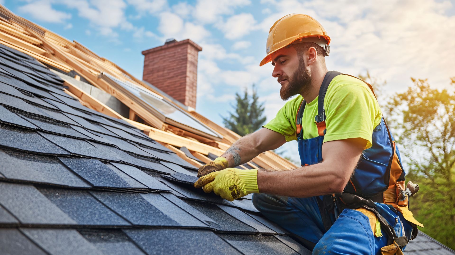 Roofer in hard hat installing asphalt shingles on a sloped roof.