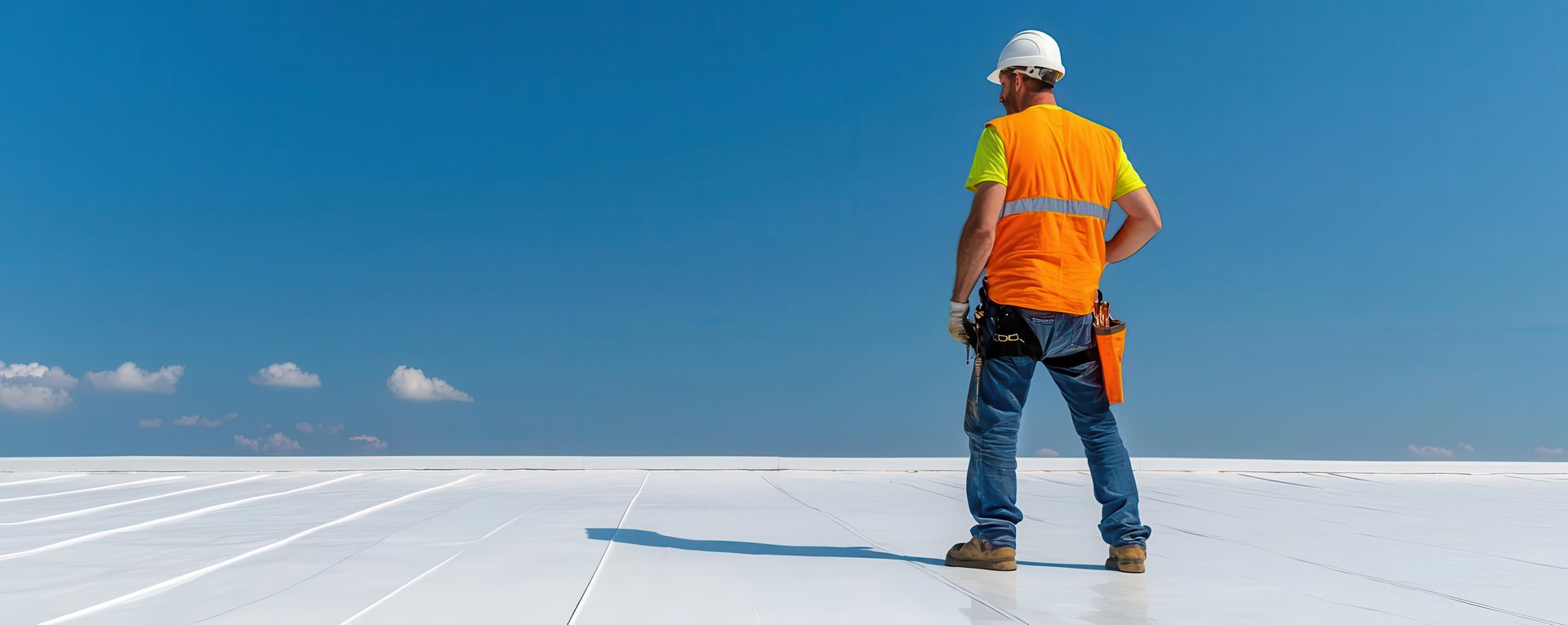 Roofing contractor standing on a white flat roof under a clear blue sky. Roofing contractor standing on a white flat roof under a clear blue sky.