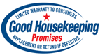 Good Housekeeping Promises seal with blue text and red stars, white oval badge on transparent background