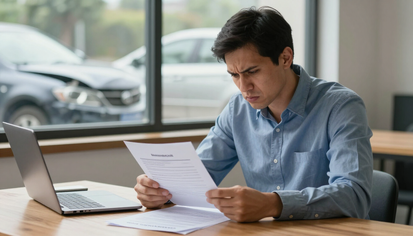 A person reviewing a car accident settlement offer with a damaged vehicle in the background.