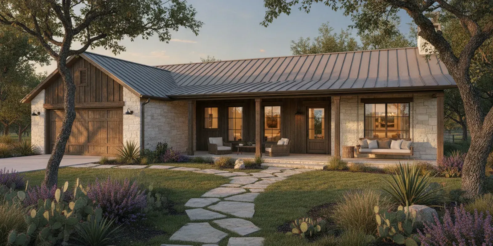 Custom Texas home with a covered porch and attached garage viewed from the front