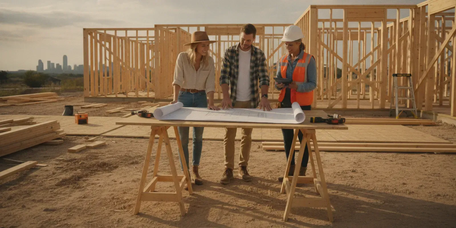 Homeowners and builder reviewing plans at a custom home construction site