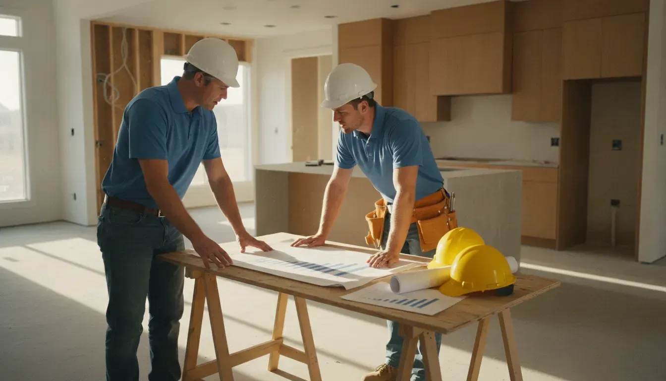 Builder and homeowner reviewing a construction draw schedule inside a custom home