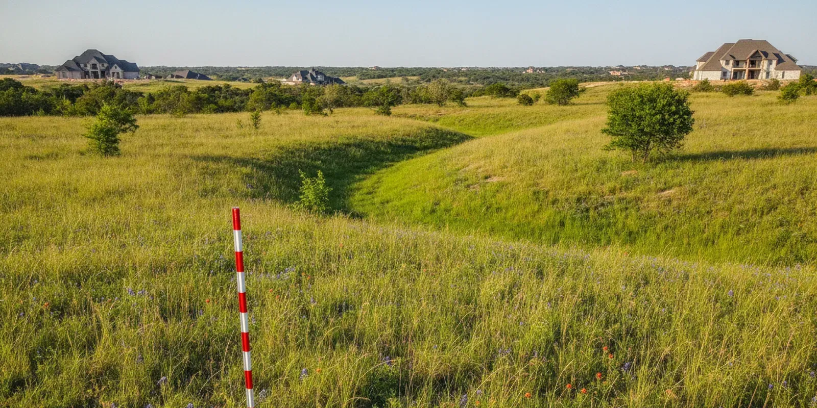 A North Texas home site with a gentle slope and a grass drainage swale