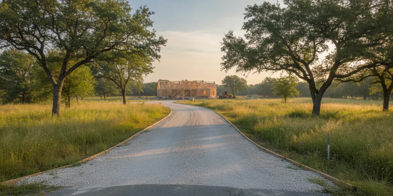 Gravel driveway connecting a rural Texas home site to a quiet paved road