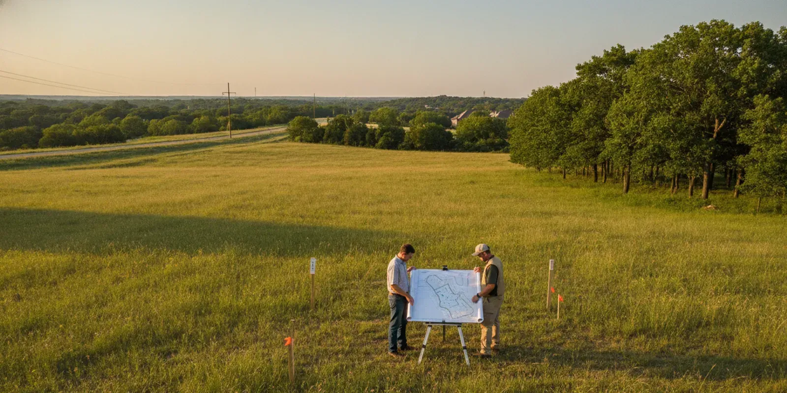 A Texas homebuilding lot with a surveyor reviewing plans near a marked utility easement