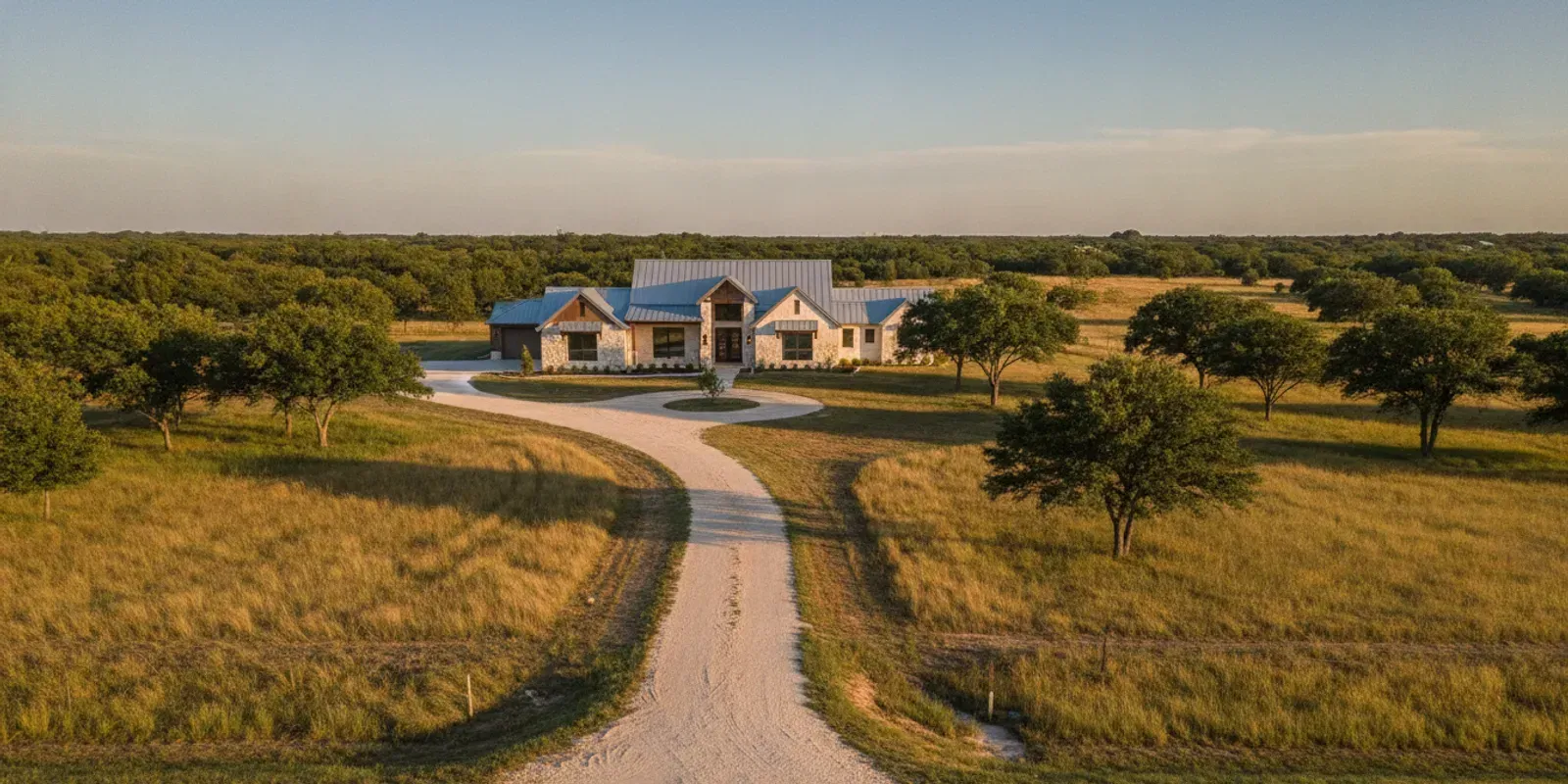 Rural Texas custom home with a clear driveway and open access for emergency vehicles