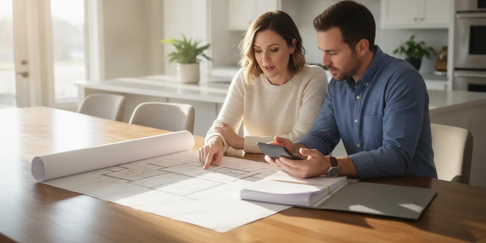 DFW couple reviewing custom home plans and financing papers at a kitchen table
