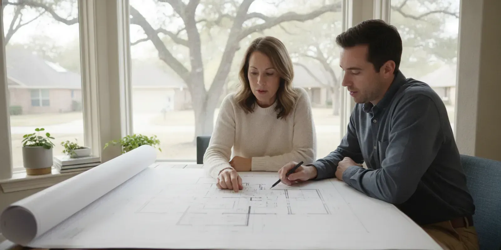 Custom home site plan being reviewed on a residential lot in the Dallas-Fort Worth area