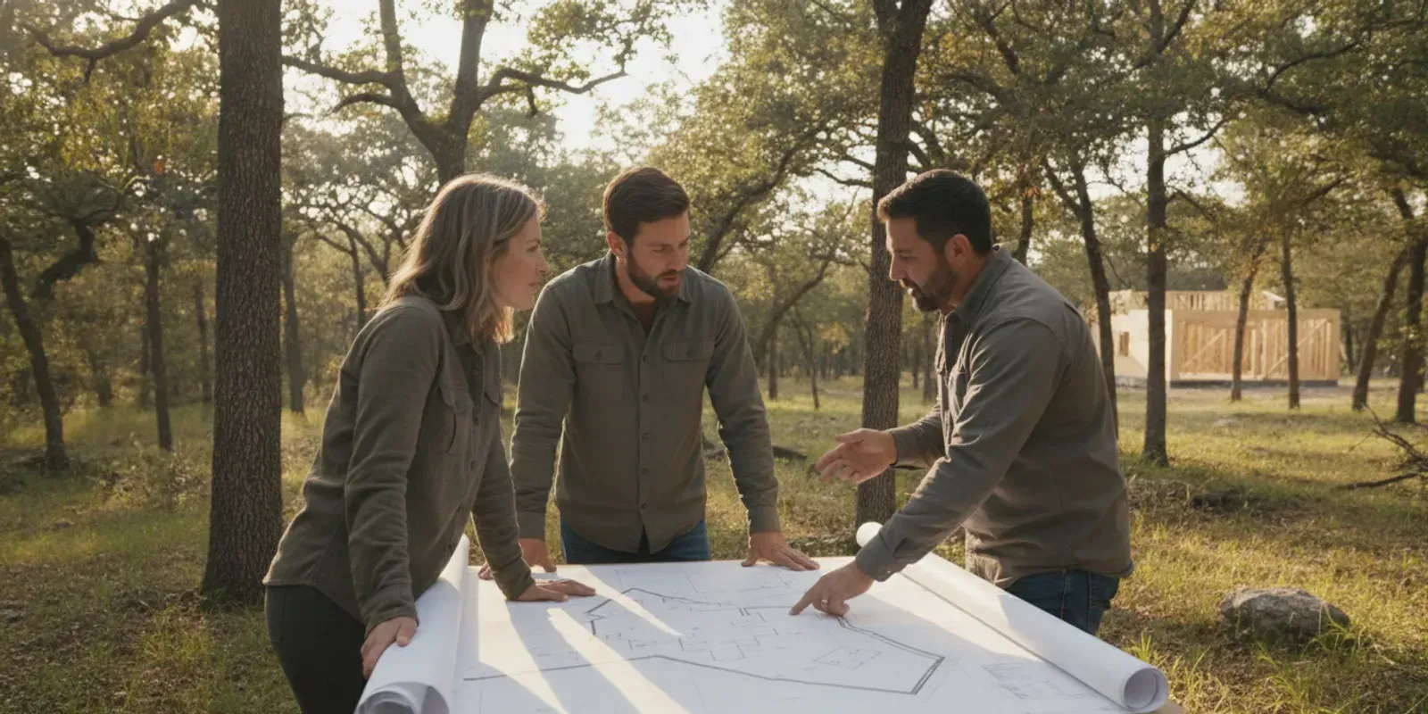 Texas homeowners reviewing a vacant homesite with a custom home builder