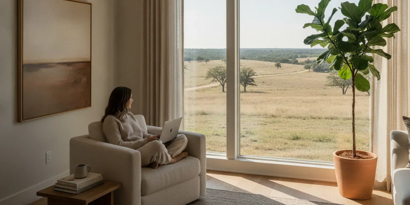 A family using a laptop in a bright custom home near a rural DFW landscape