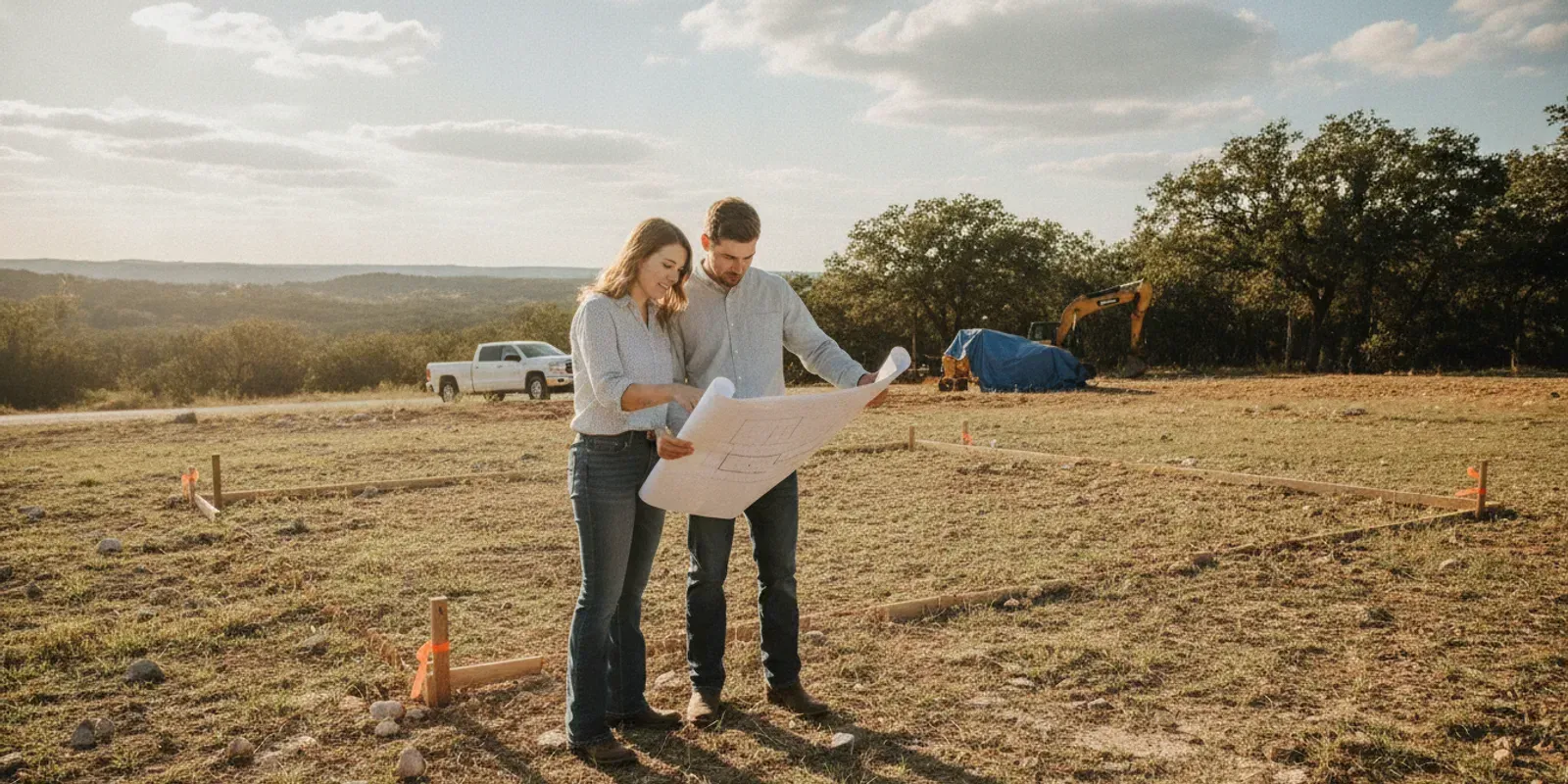 Texas homeowner reviewing a rural lot and custom home plans