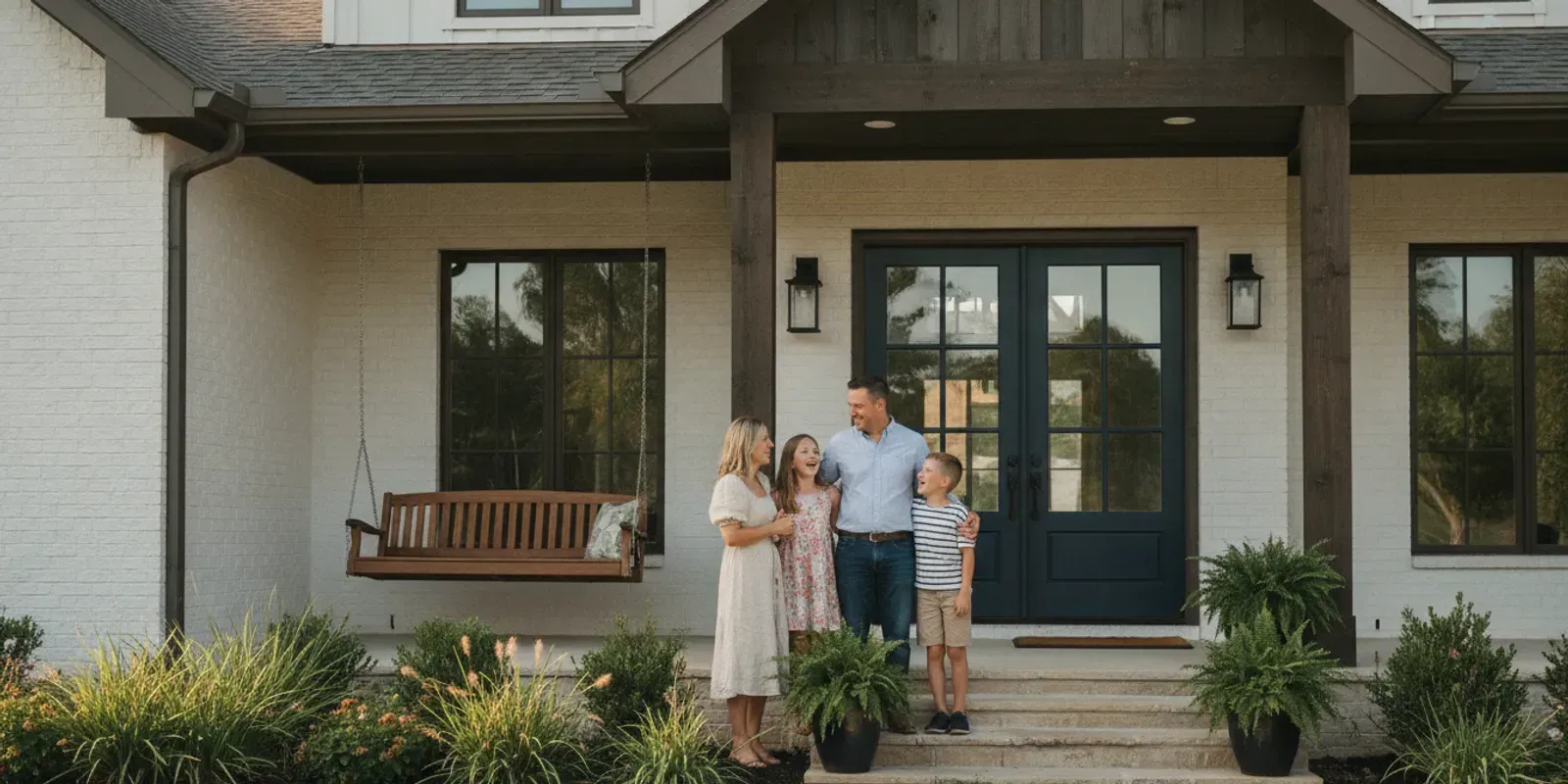 A family standing outside a finished custom home in the Dallas-Fort Worth area