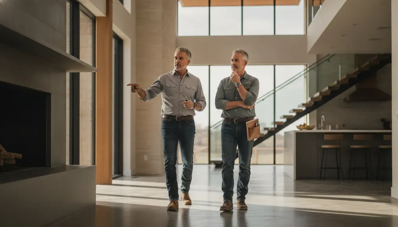 ROSÖ Homes founders George Roddy Jr. and Daniel Soto discussing a custom home in a DFW interior