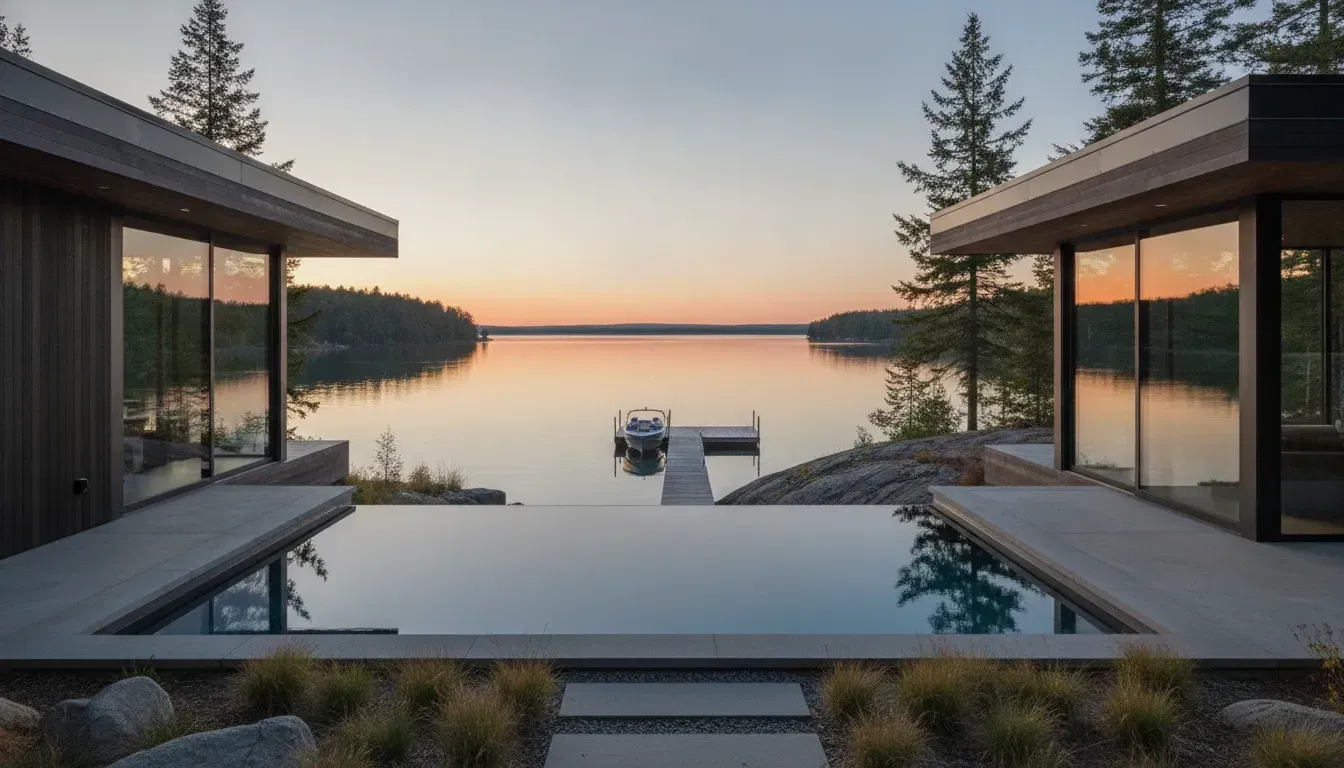 A custom lake house with large windows, a private dock, and a boat on the water at sunset