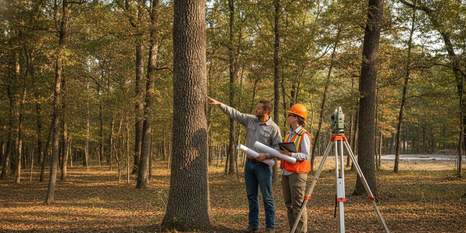 Homeowner and surveyor reviewing mature trees on a Texas custom-home lot