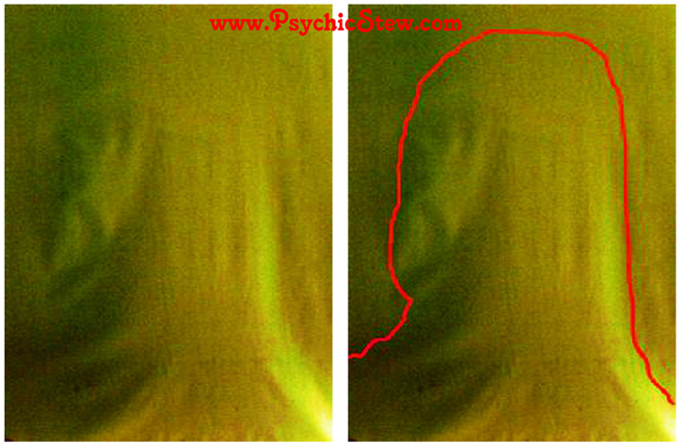 An image of Jesus that appeared on the window shade in Dawn Carr's bedroom one morning.  It remained for three months.