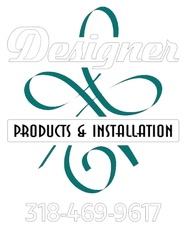 Designer logo with teal flourish, “Products & Installation,” and phone number 318-469-9617