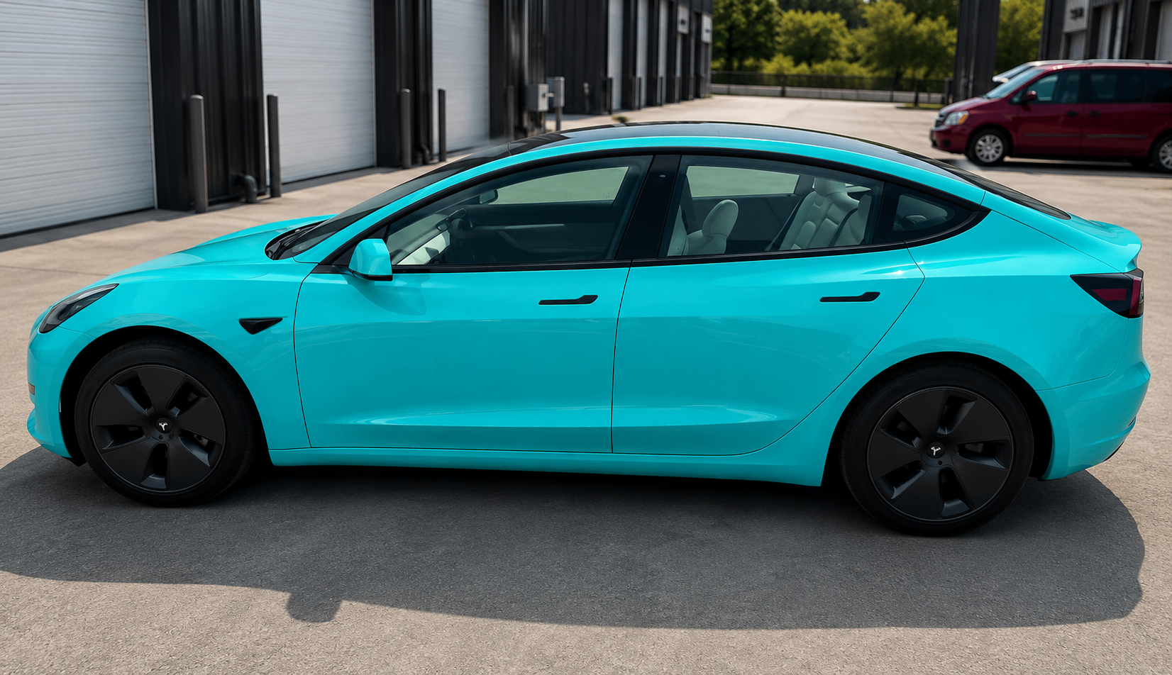 Bright turquoise sedan parked outside a modern building