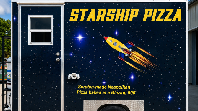 Starship Pizza sign with yellow rocket on a dark blue, starry background and a door window on the left