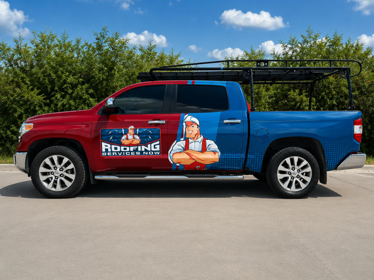 Red and blue pickup truck with a large cartoon plumber decal, parked outdoors under a blue sky.