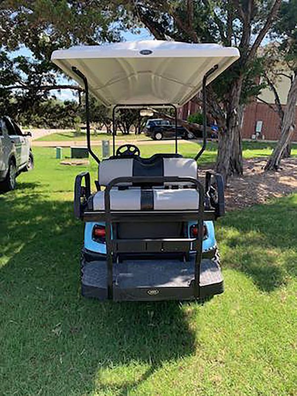 Blue golf cart parked on grass under trees, viewed from the back in a park-like area.