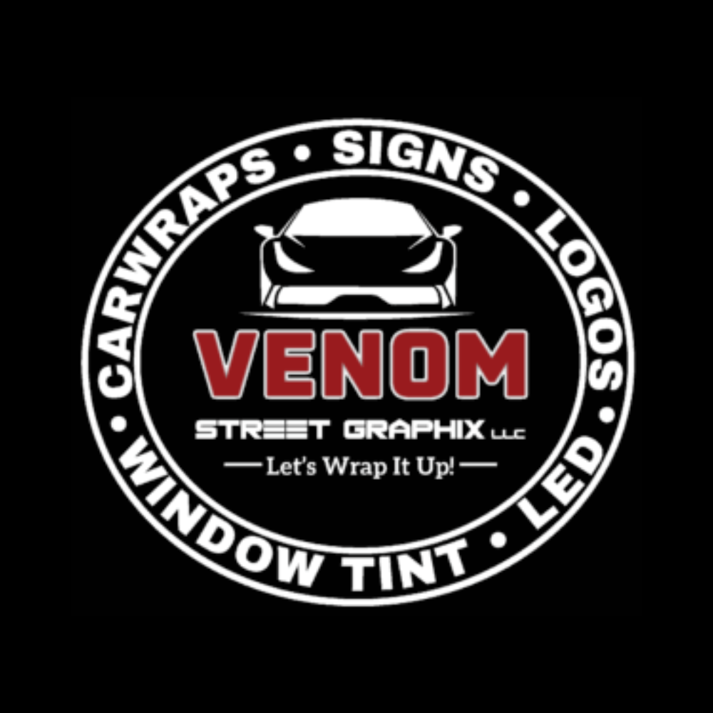 VENOM Street Graphix logo in red, white and black, with car wraps, signs, logos, window tint, and LED text inside a circle