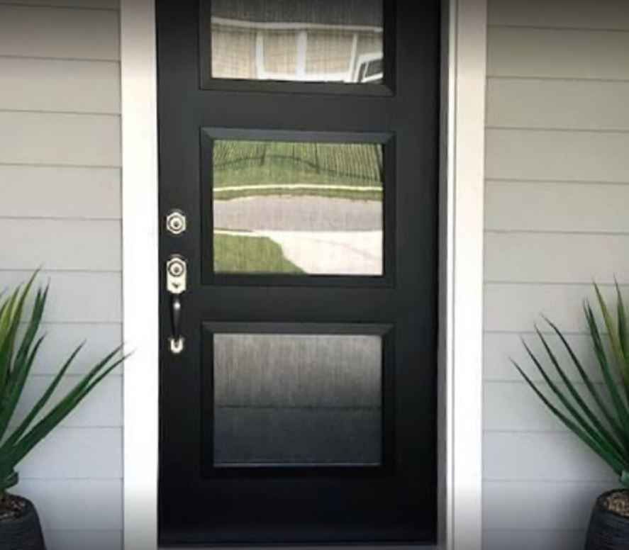 Black front door with two frosted glass panels, flanked by potted plants at the entrance.