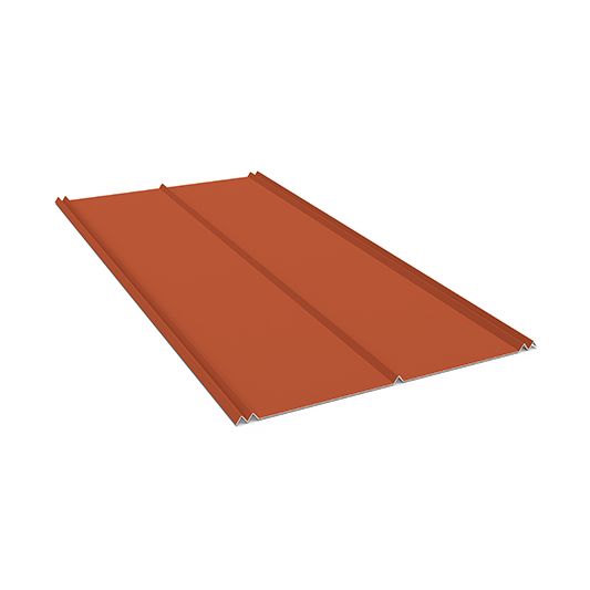Orange corrugated metal roofing panel on a white background