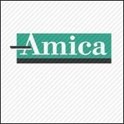 Amica logo in white text on a teal rectangular background with a black line running through it
