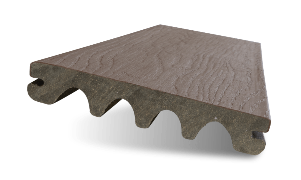 Brown grooved composite decking board with wood-grain texture on white background