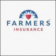 Farmers Insurance logo with blue and red emblem and text on a light background