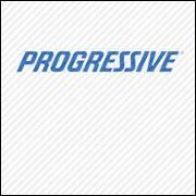 Progressive logo in blue on a white striped background
