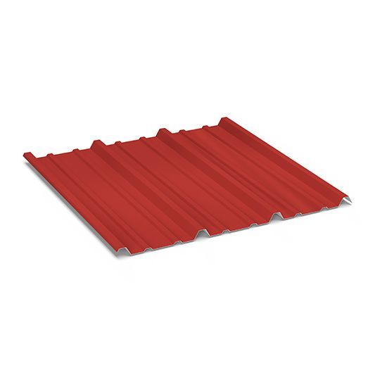 Red corrugated metal roofing panel on a white background