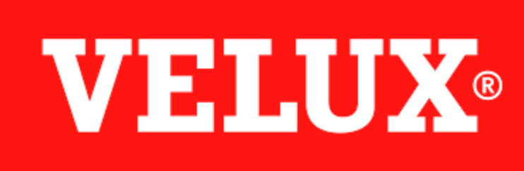 VELUX logo in white on a red background