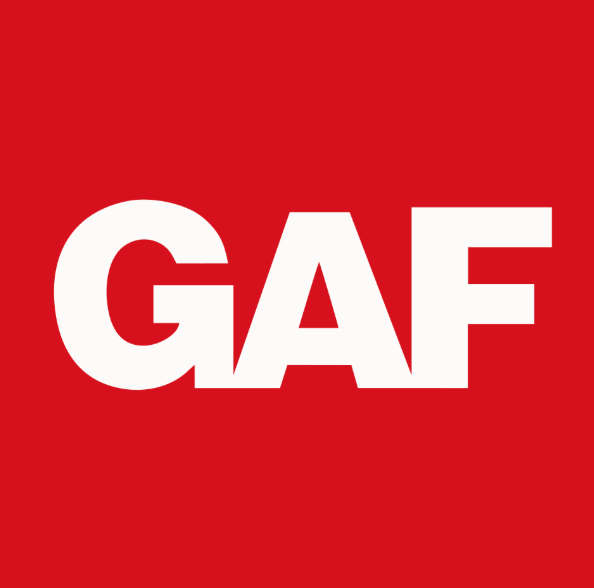 White GAF logo on a red background