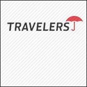 Travelers logo in black text with a red umbrella icon on a light gray striped background