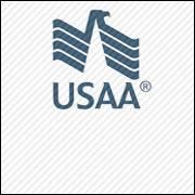 USAA logo in blue on a light striped background